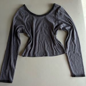 Grey Rib Knit Scoop Neck Long Sleeve Cropped Tee